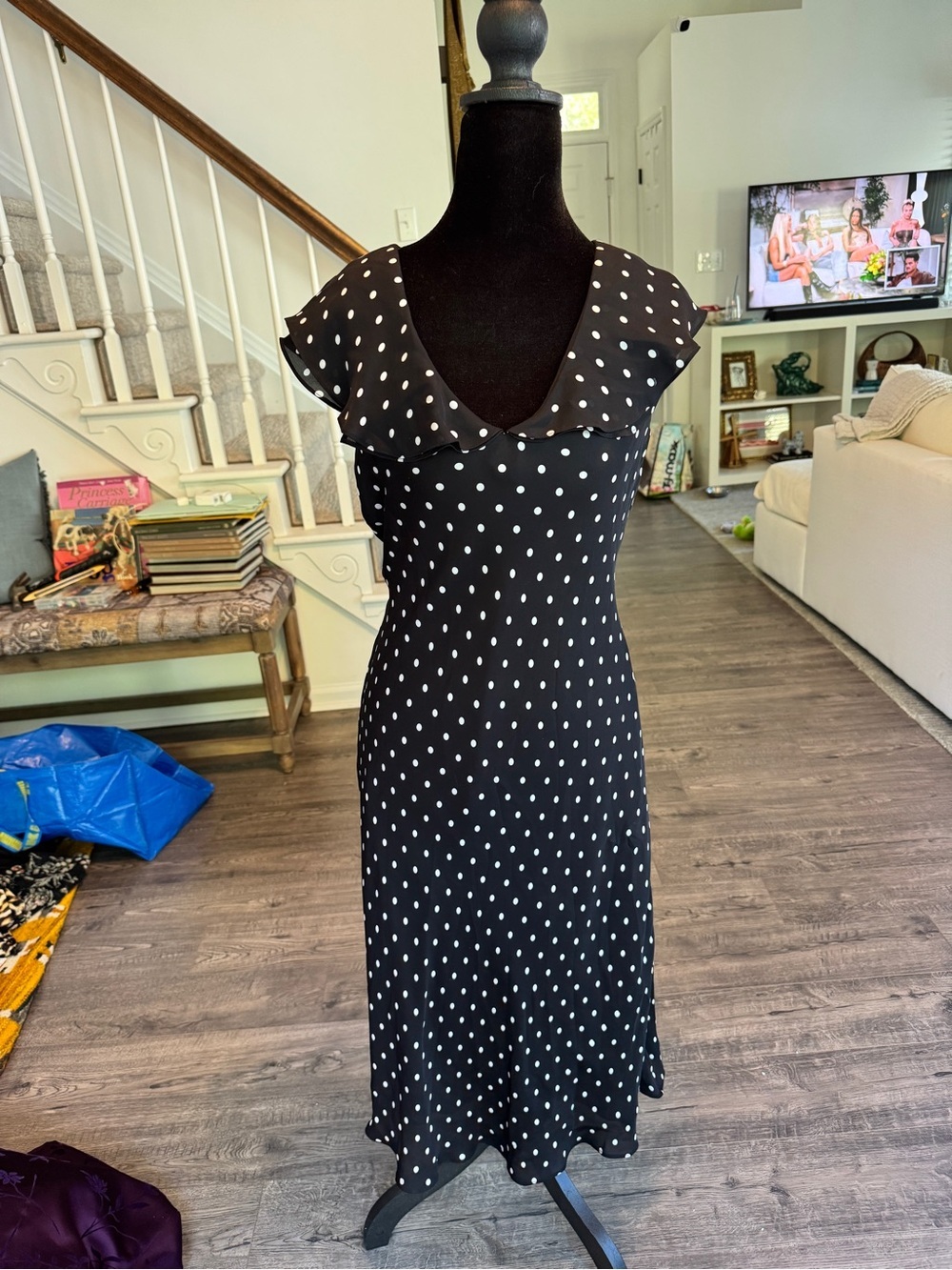 Jones New York Country Black and White 90s Polka Dot Midi Dress